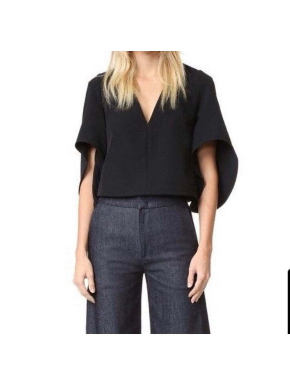 Milly Cascading Beetle Top Deep V-Neck Cape Sleeve Black Size Medium